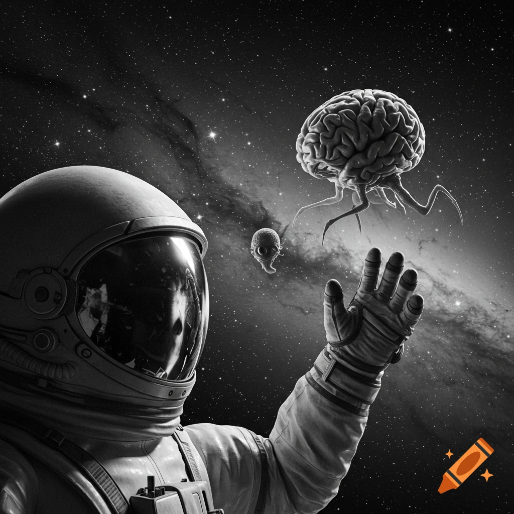 A black and white image of an astronaut in space reaching out to a large, tentacled brain-like alien, with a smaller alien head nearby.