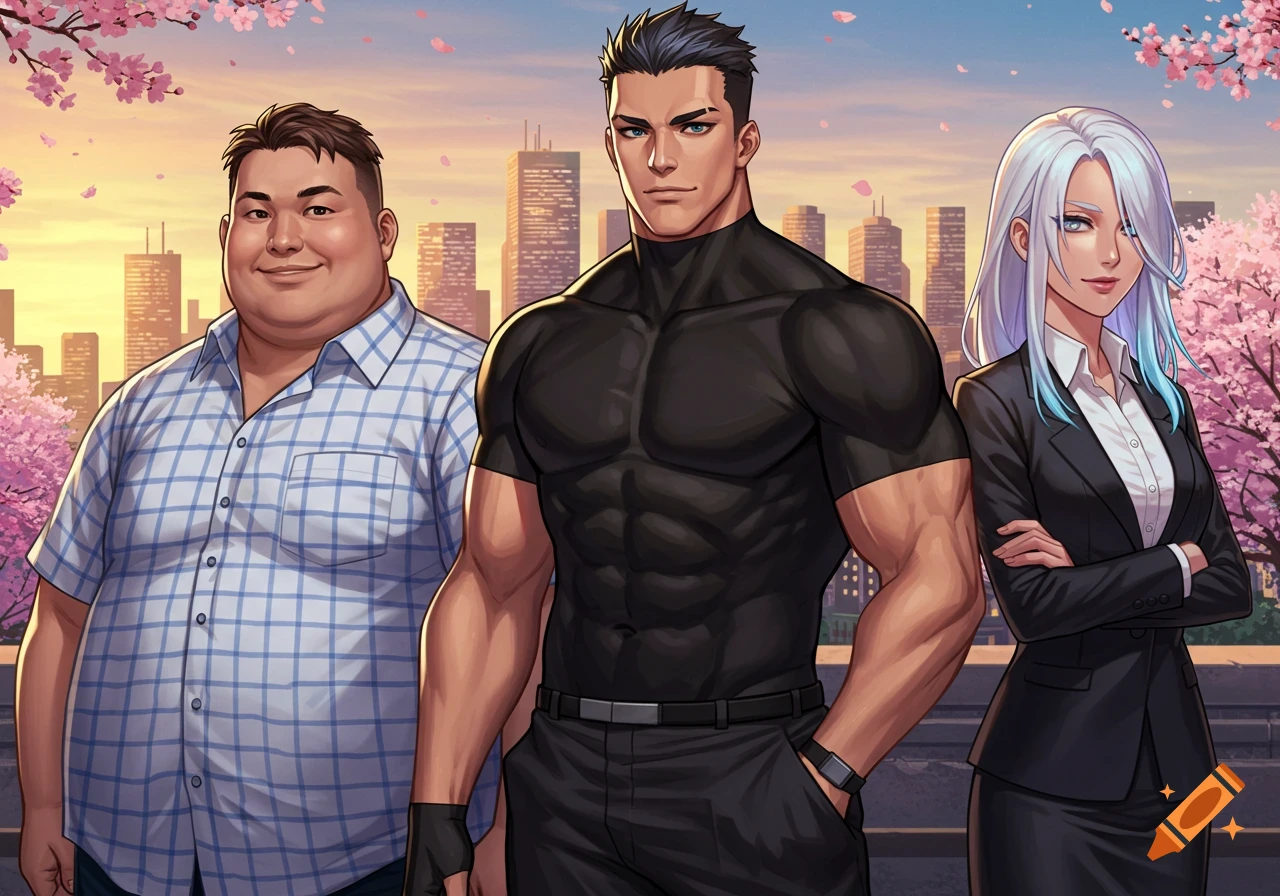 Anime illustration of a plus-sized man, a muscular man, and a woman with silver hair, standing against a city and cherry blossom background.