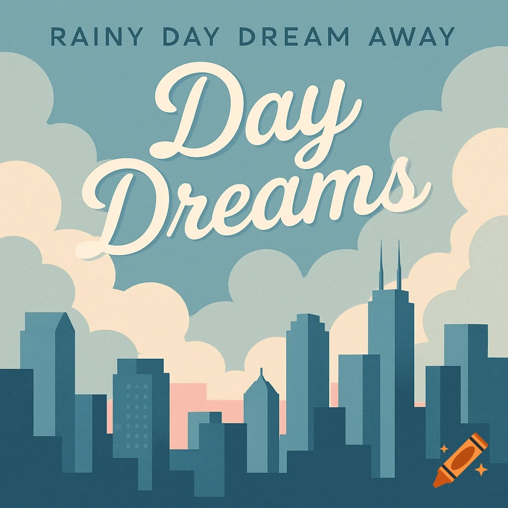 A retro-style album cover with the words Rainy Day Dream Away and Day Dreams above a cityscape with clouds.