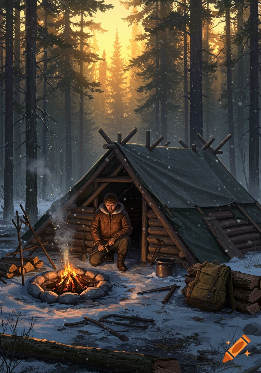 A man in a brown jacket kneels by a campfire outside a log and tarp shelter in a snowy forest at sunset.