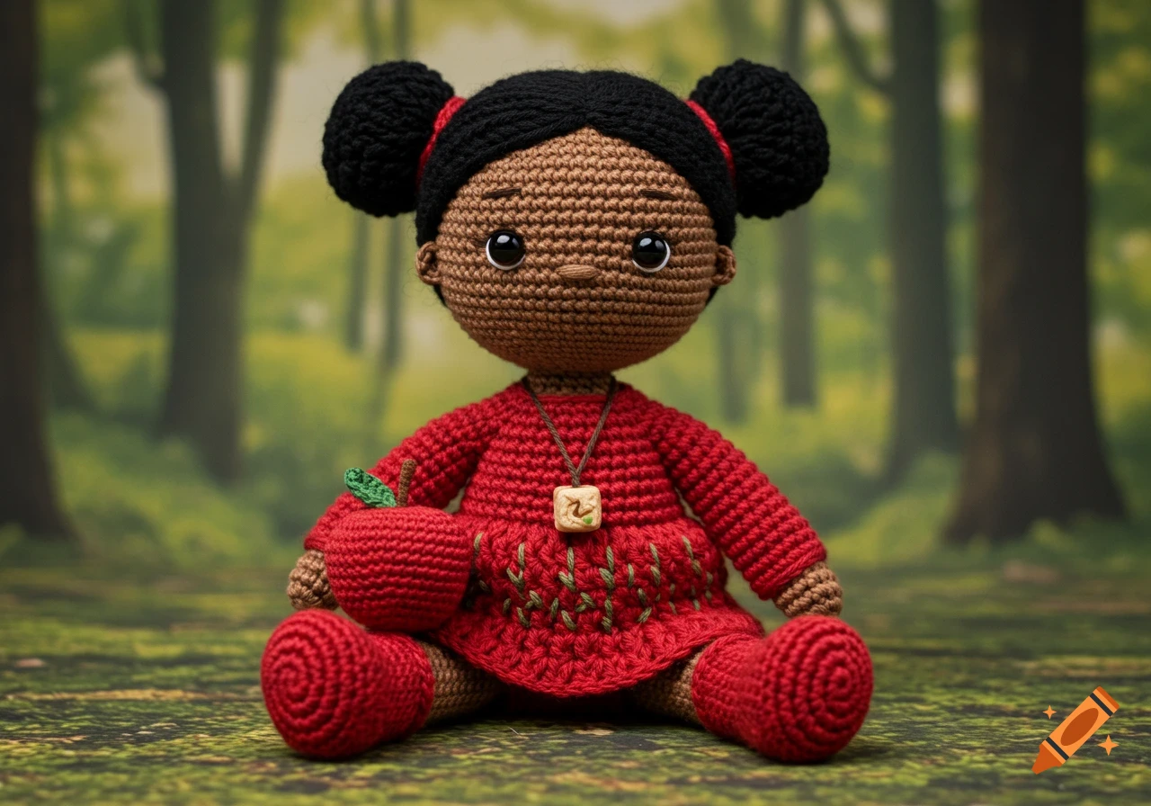 A handcrafted amigurumi doll with brown skin, black bun hair, and a red dress, holding a red apple, sitting in a forest.