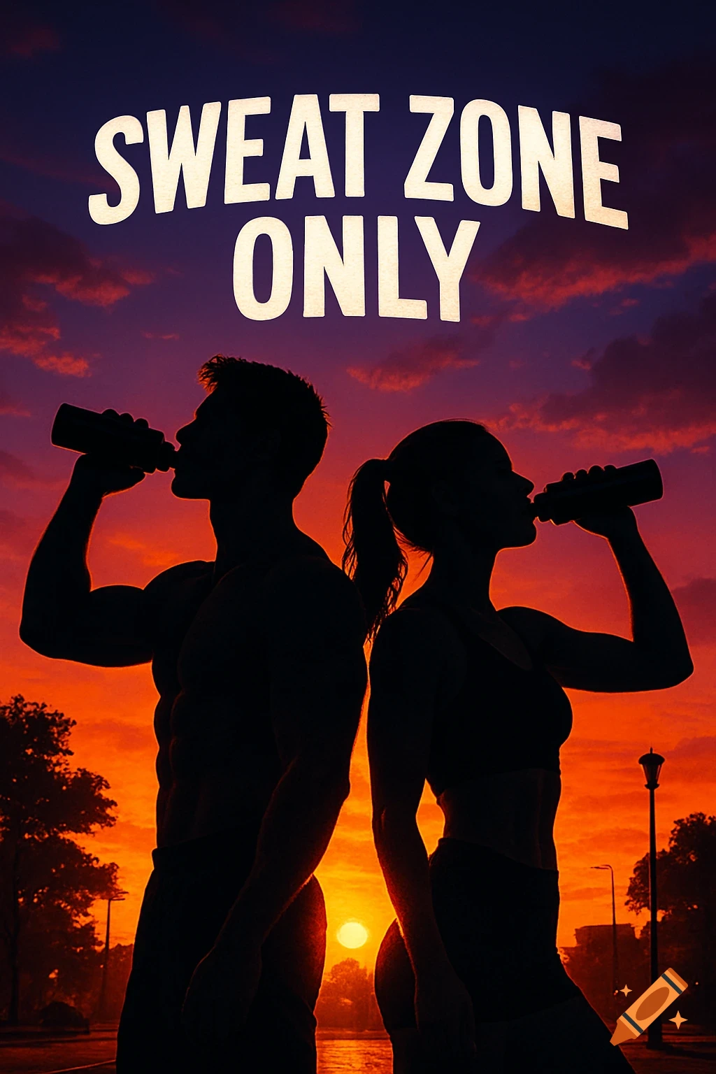 Silhouettes of a fit man and woman drinking from bottles at sunset, with 'SWEAT ZONE ONLY' text above.