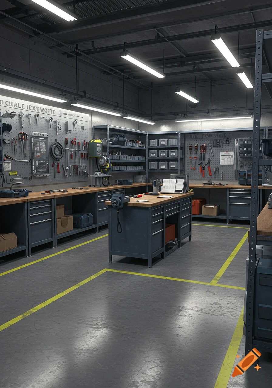 A clean and organized photorealistic workshop with long workbenches, tools neatly arranged on pegboards, and shelves filled with bins under bright fluorescent lights.