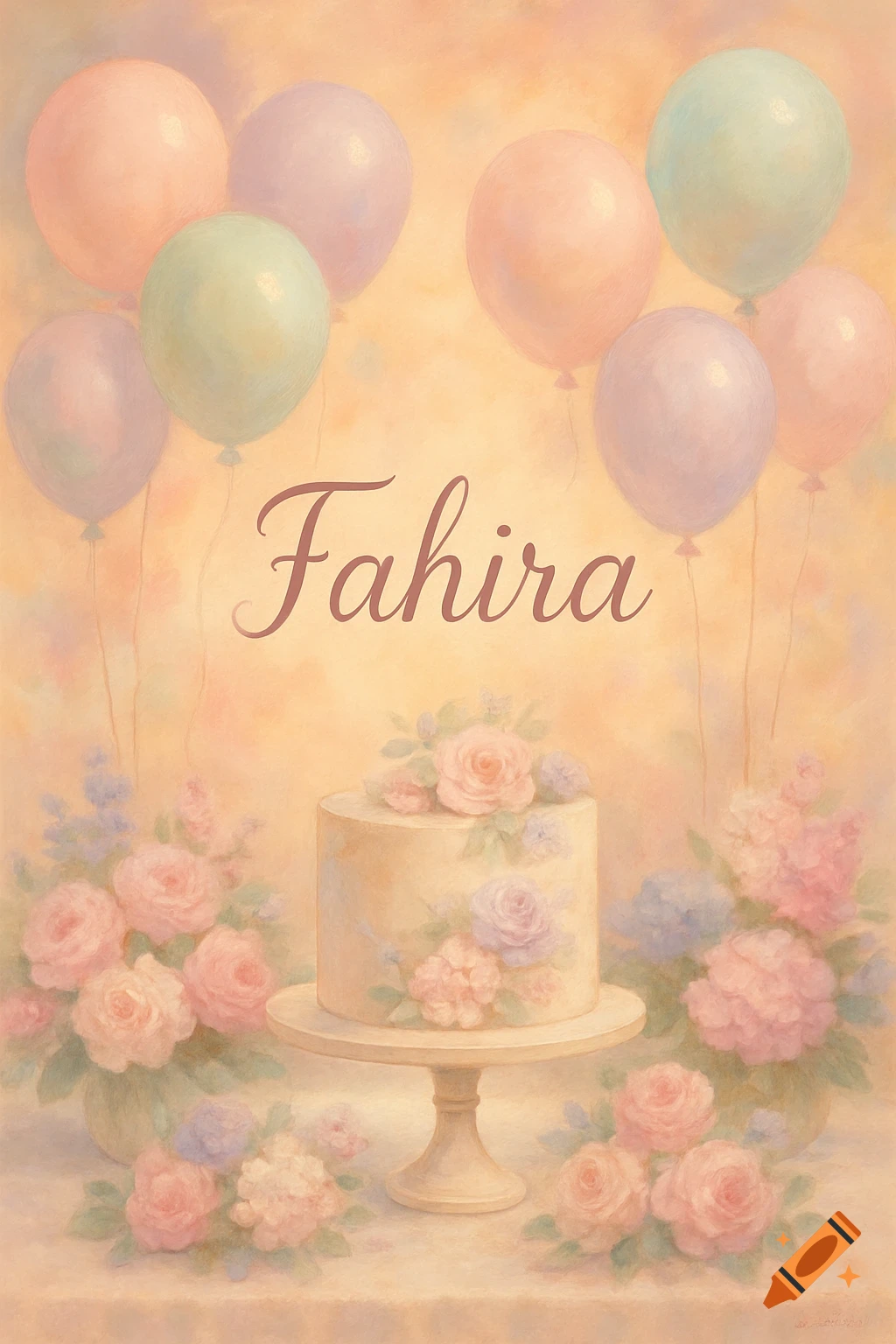 Pastel illustration of a birthday cake with flowers on a stand, surrounded by balloons and floral bouquets, with 'Fahira' written above.
