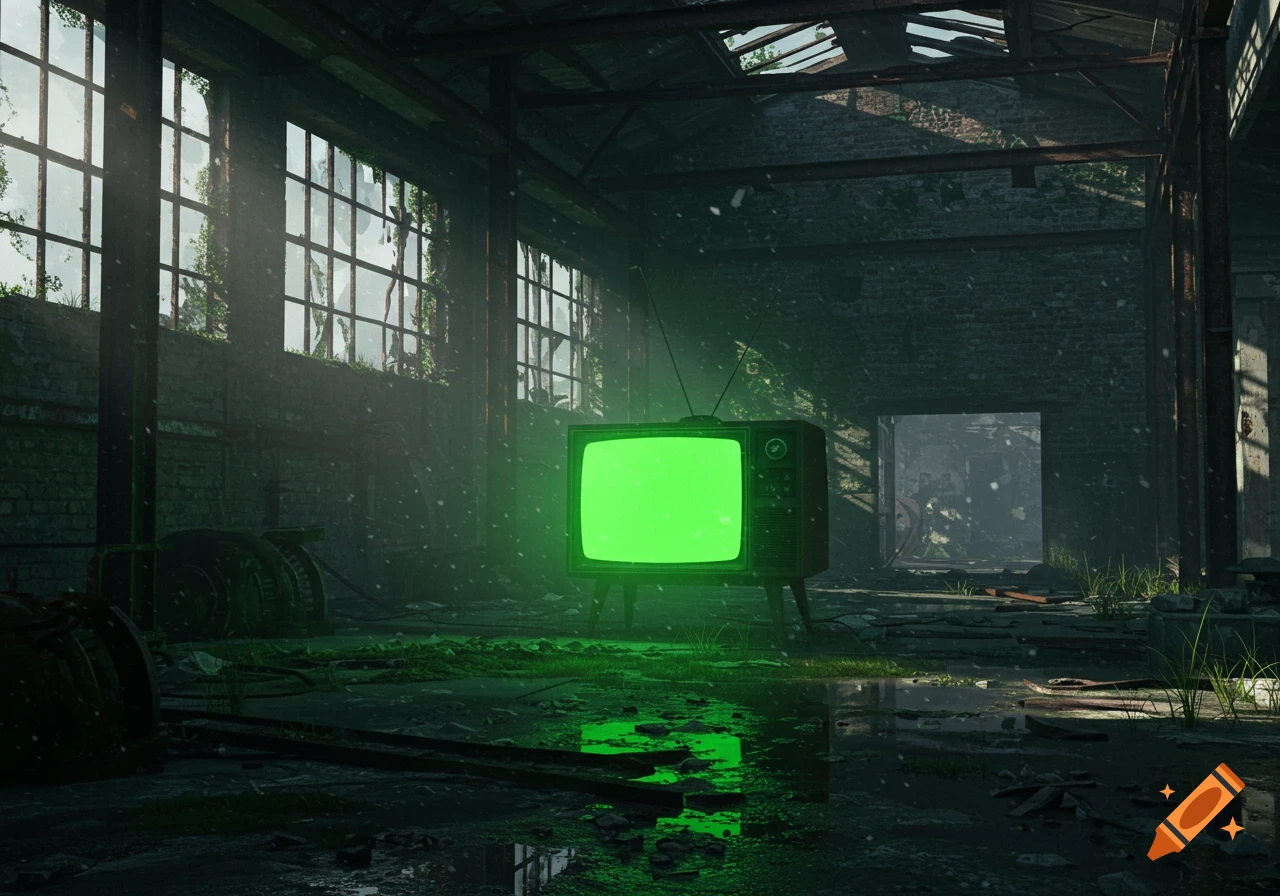 A retro television with a bright green screen sits in a dark, dilapidated abandoned warehouse with sunlight streaming through broken windows.