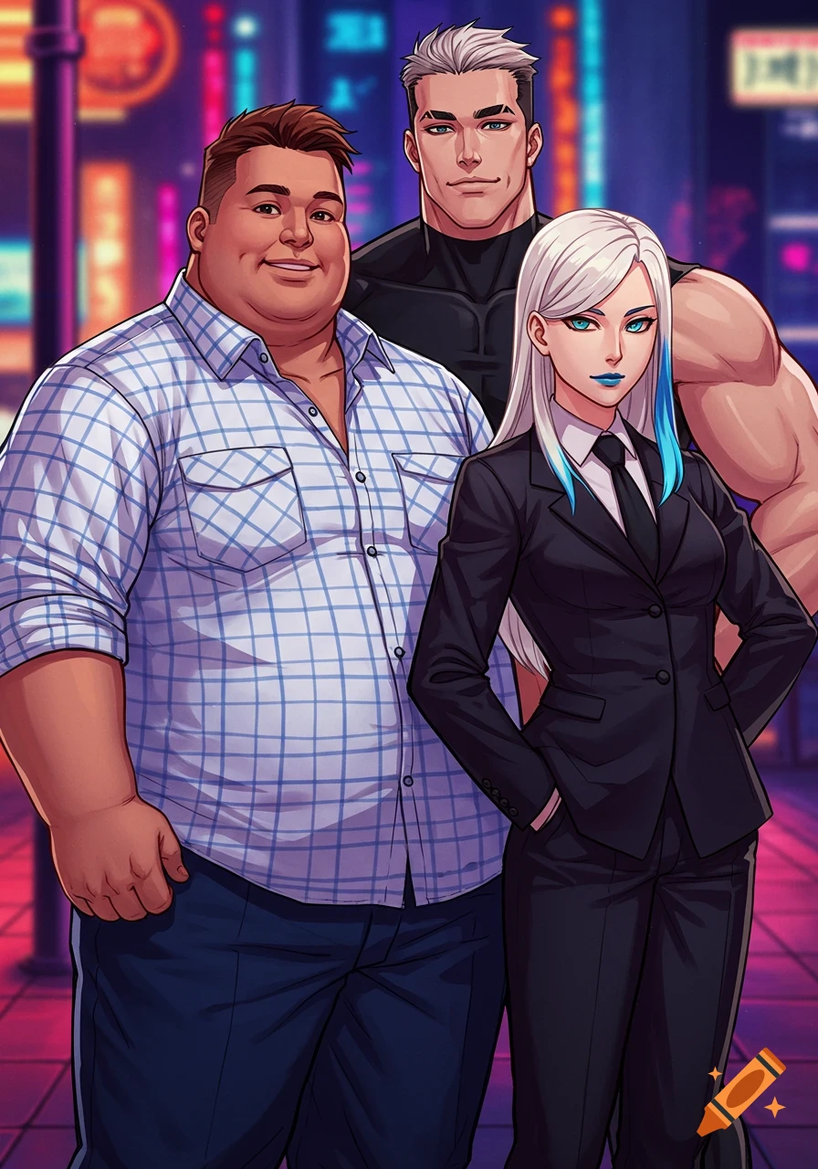 Anime illustration of three people: a man in a plaid shirt, a muscular man in black, and a woman in a suit with white and blue hair, standing in a neon city.
