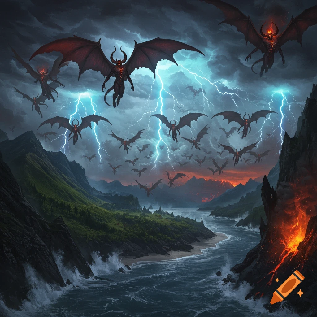 A horde of winged demons descends from a stormy, lightning-filled sky over a rugged island landscape with a volcanic eruption.