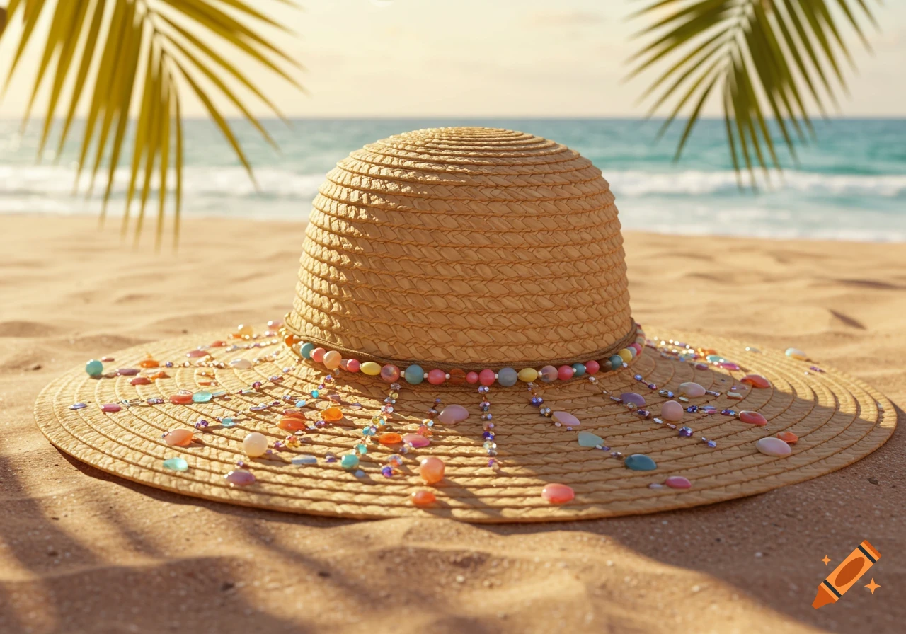 A decorated straw beach hat lies on the sand with the ocean and palm trees in the background.