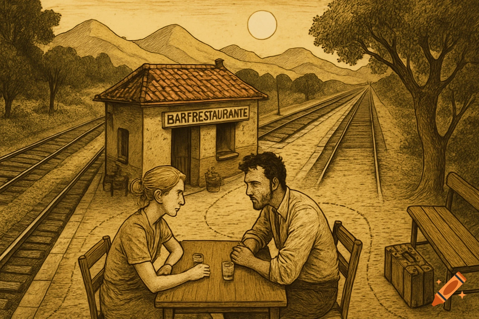 Sepia-toned sketch of two people at a table on a train station platform, with a bar/restaurant building and train tracks, mountains in background.