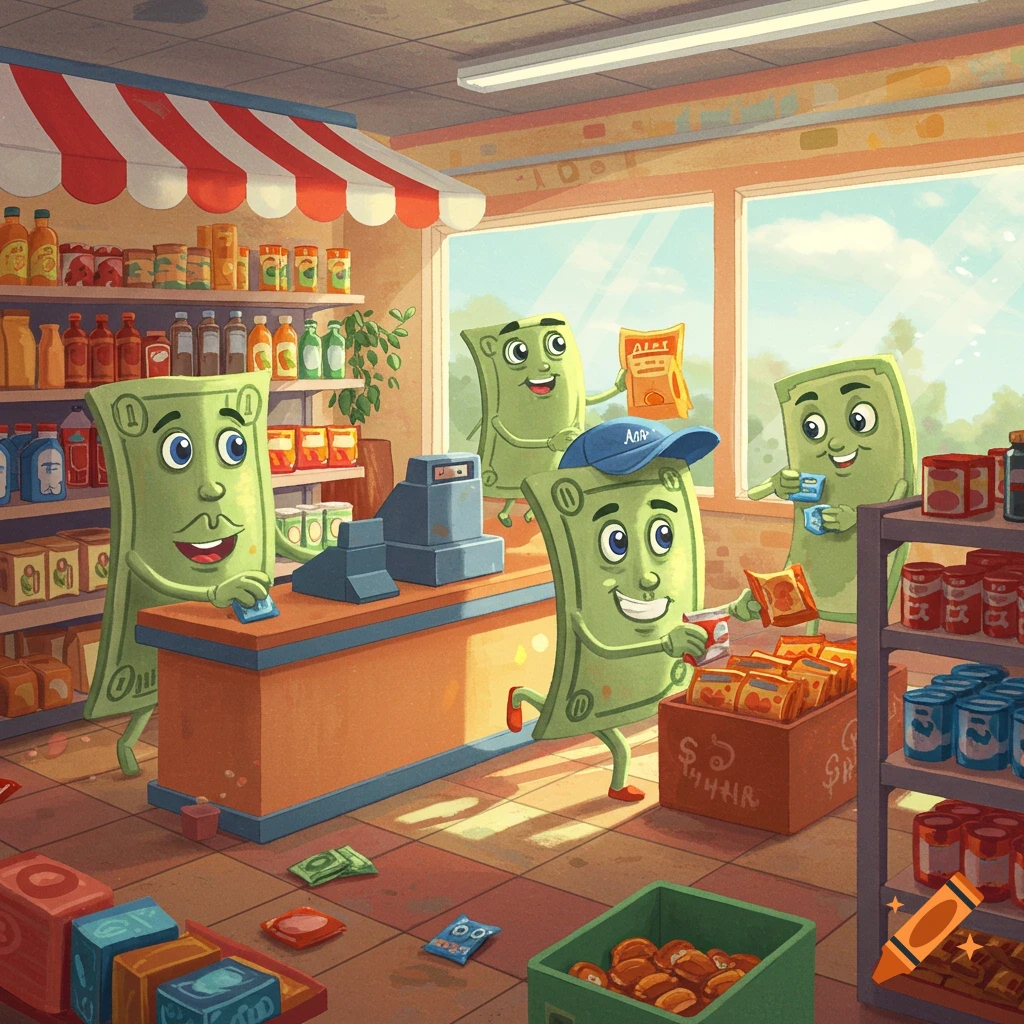 A colorful cartoon illustration of animated dollar bills with faces and limbs working in a well-lit grocery store.