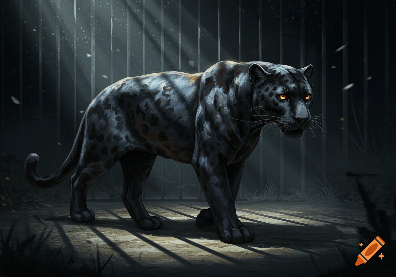 A black panther with glowing orange eyes walks in a dimly lit cage, illuminated by shafts of light filtering through vertical bars.