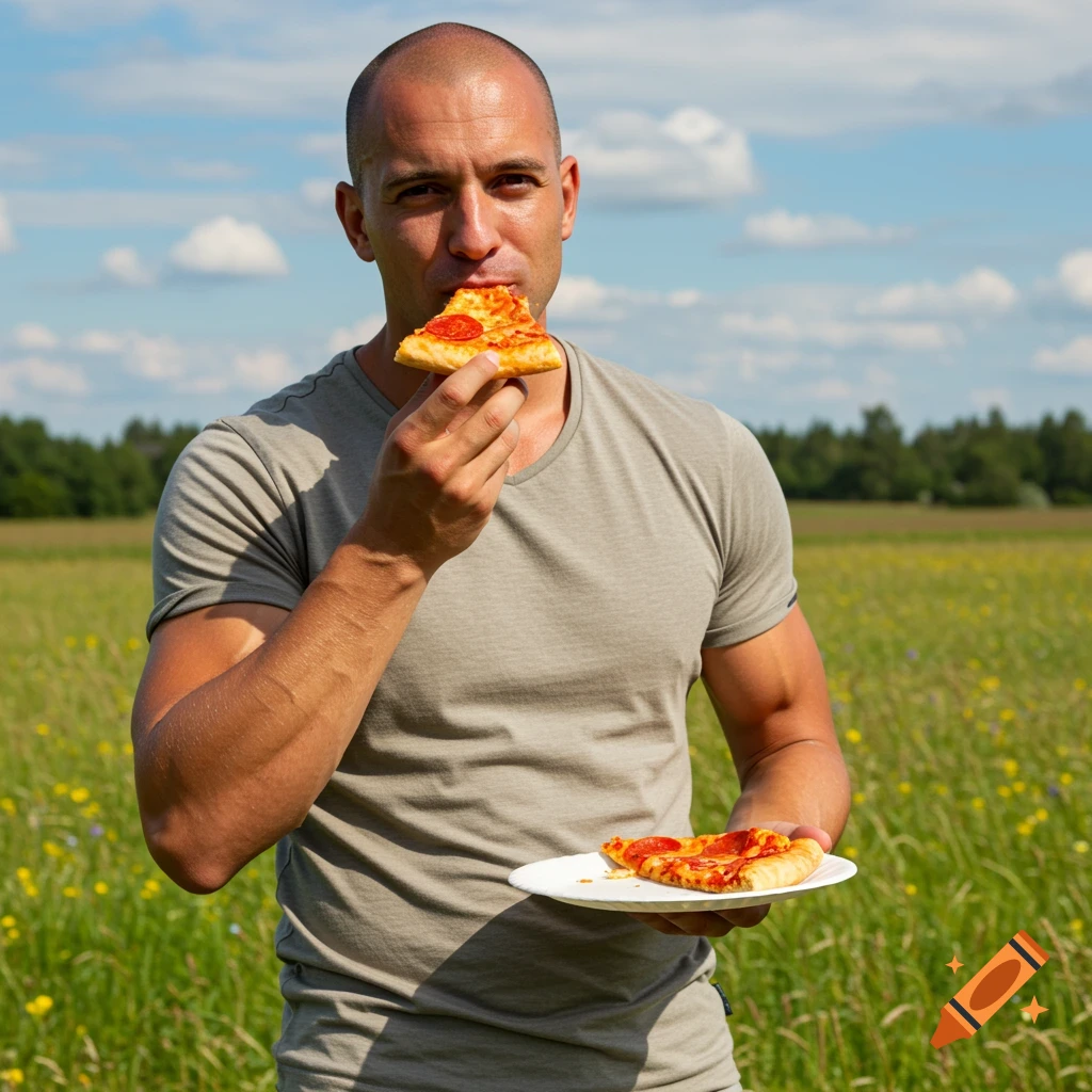 A bald man in a grey t-shirt eats a slice of pepperoni pizza while holding a plate with more pizza in a sunny green field.