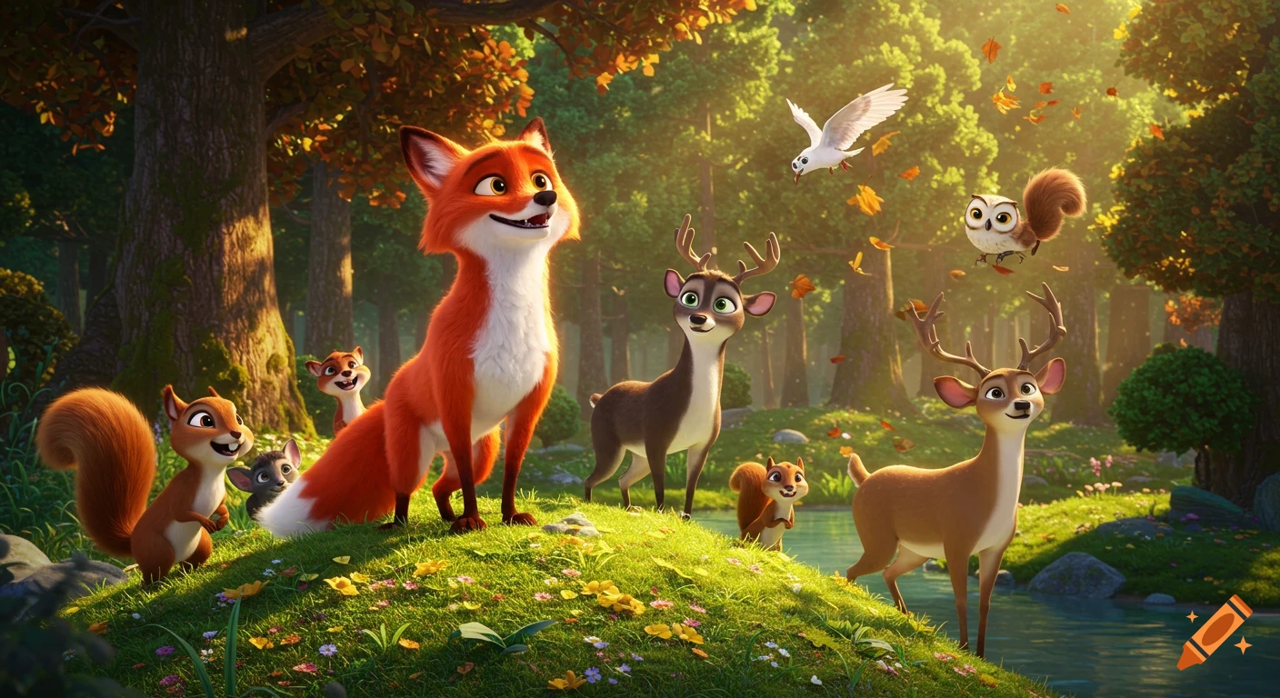 A whimsical animated scene of various forest animals including a fox, deer, squirrels, and an owl, in a sunny forest clearing by a stream.