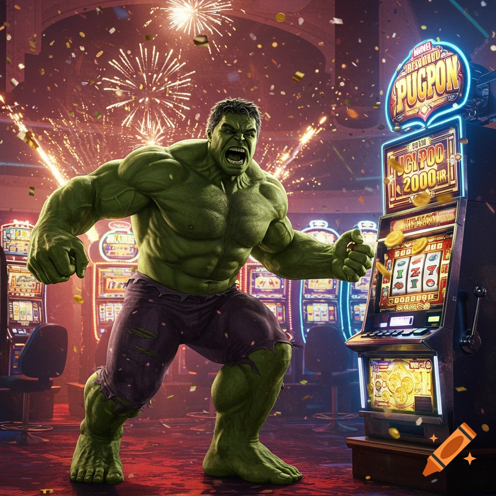 Photorealistic depiction of Hulk roaring and lunging, celebrating a jackpot win at a slot machine in a vibrant casino with fireworks and falling confetti.