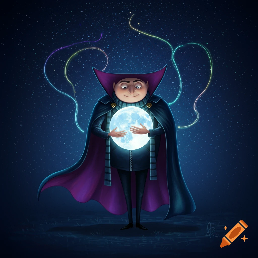 Gru from Despicable Me dressed as a vampire, holding a glowing blue full moon under a starry night sky with colorful light trails.