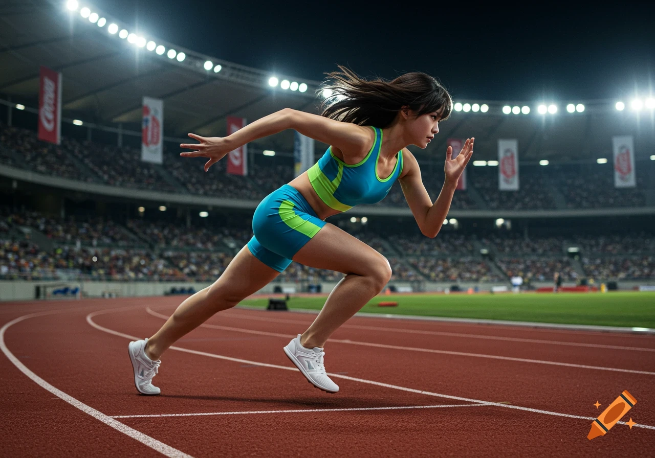 A female athlete in blue and green sportswear sprints on a red running track in a brightly lit stadium at night.
