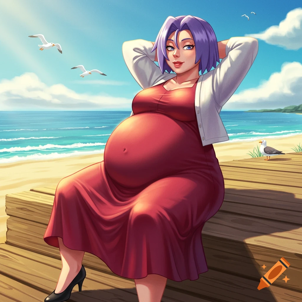 An animated female character with purple hair, wearing a red dress and white cardigan, sits pregnant on a sunny wooden boardwalk by the beach.
