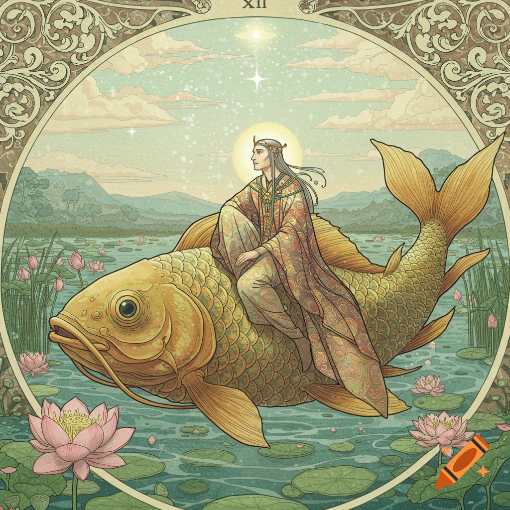 An art nouveau illustration of a person in robes riding a golden carp in a lotus pond, framed like a tarot card.