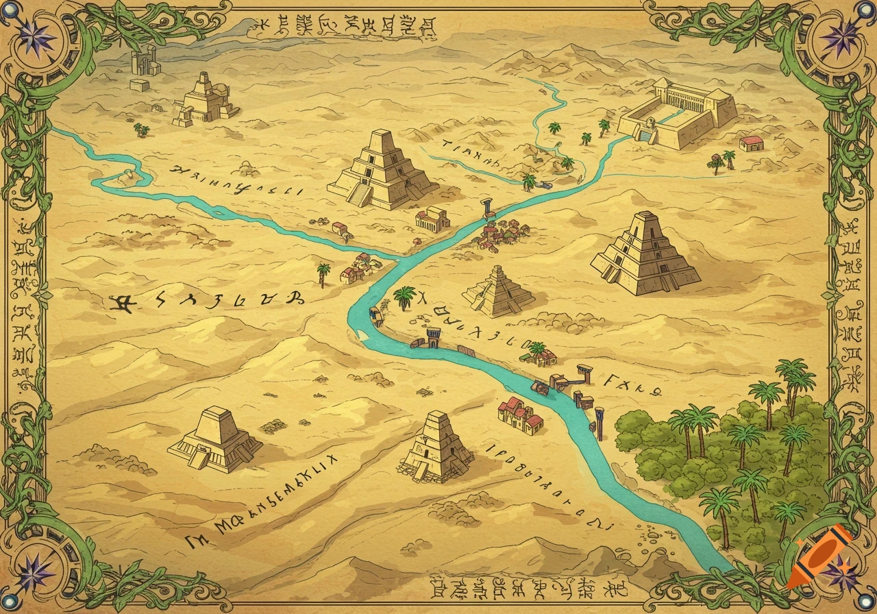 A colorful fantasy map features ancient-style structures like pyramids and temples scattered across a desert landscape, traversed by a winding turquoise river, all framed by an ornate green border.