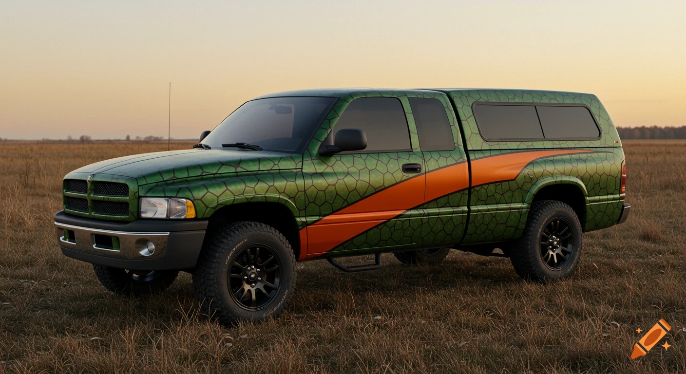A green truck with a turtle shell pattern and an orange stripe parked in a dry grassy field.