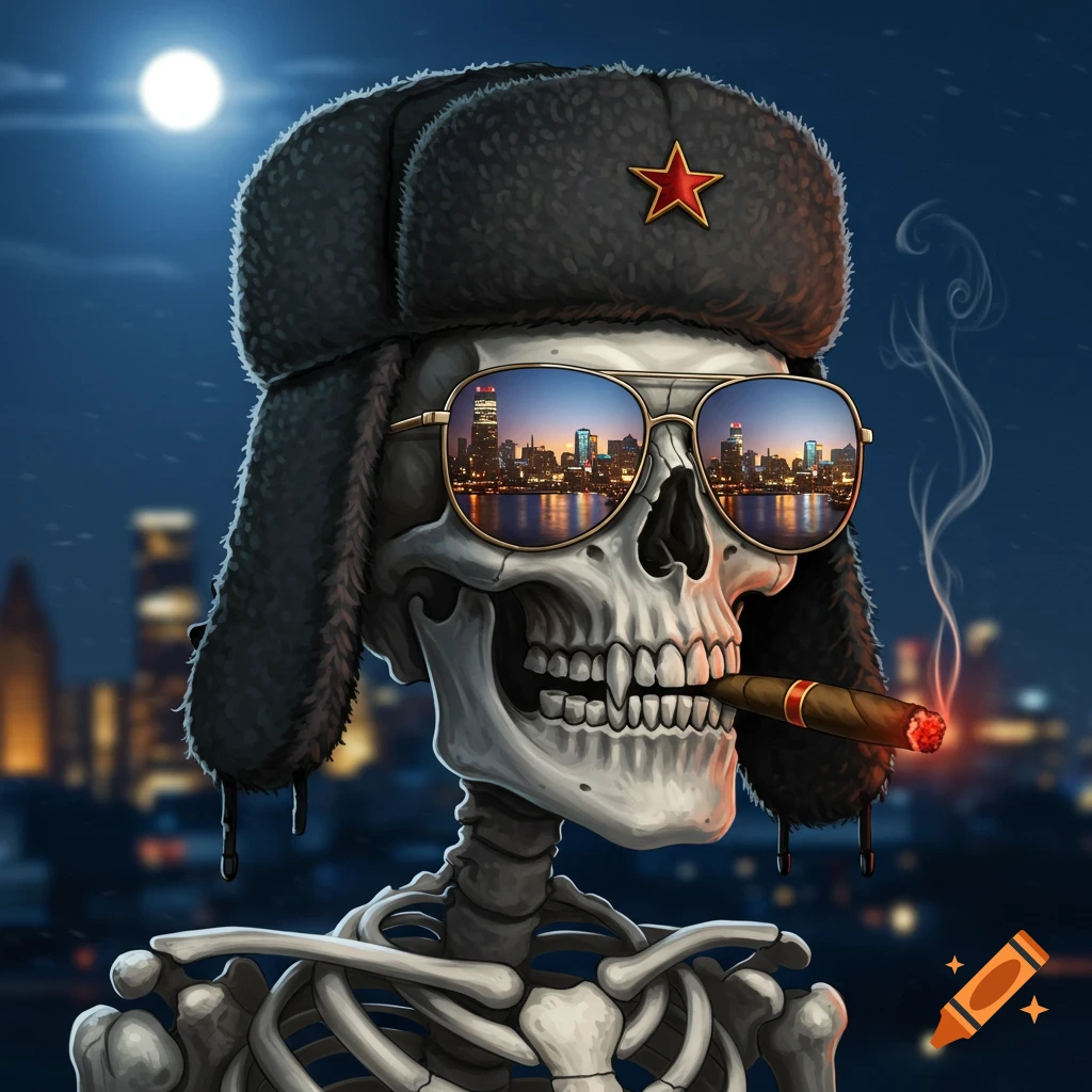 An illustrative skeleton wearing an ushanka hat with a red star and aviator sunglasses reflecting a city skyline at night, smoking a cigar.