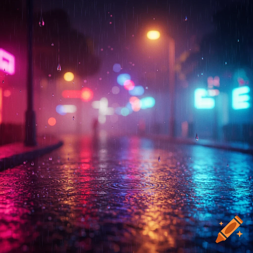 A blurred, moody cityscape at night with vibrant neon signs reflecting on a wet, rainy street.