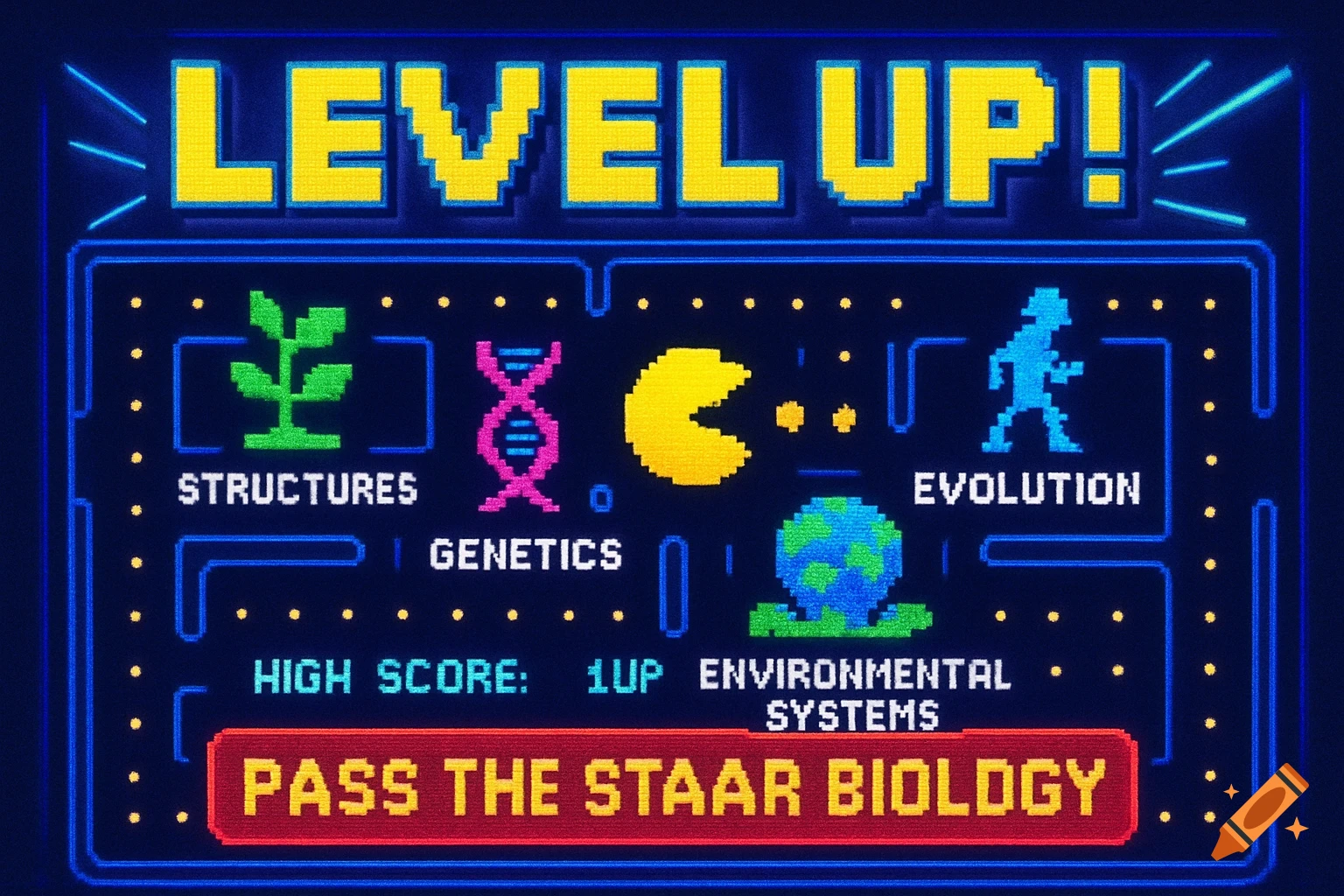 A pixel art retro arcade game screen with "Level Up!" and biology concepts like "Genetics" and "Evolution," and "Pass the STAAR Biology."