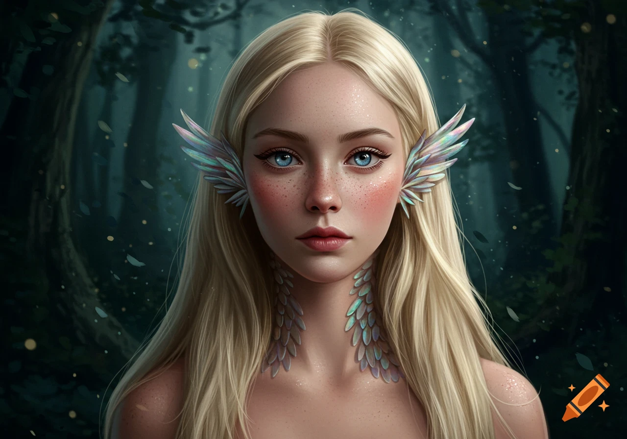 A beautiful blonde woman with blue eyes and iridescent feather-like scales on her temples and neck, standing in an enchanted forest.