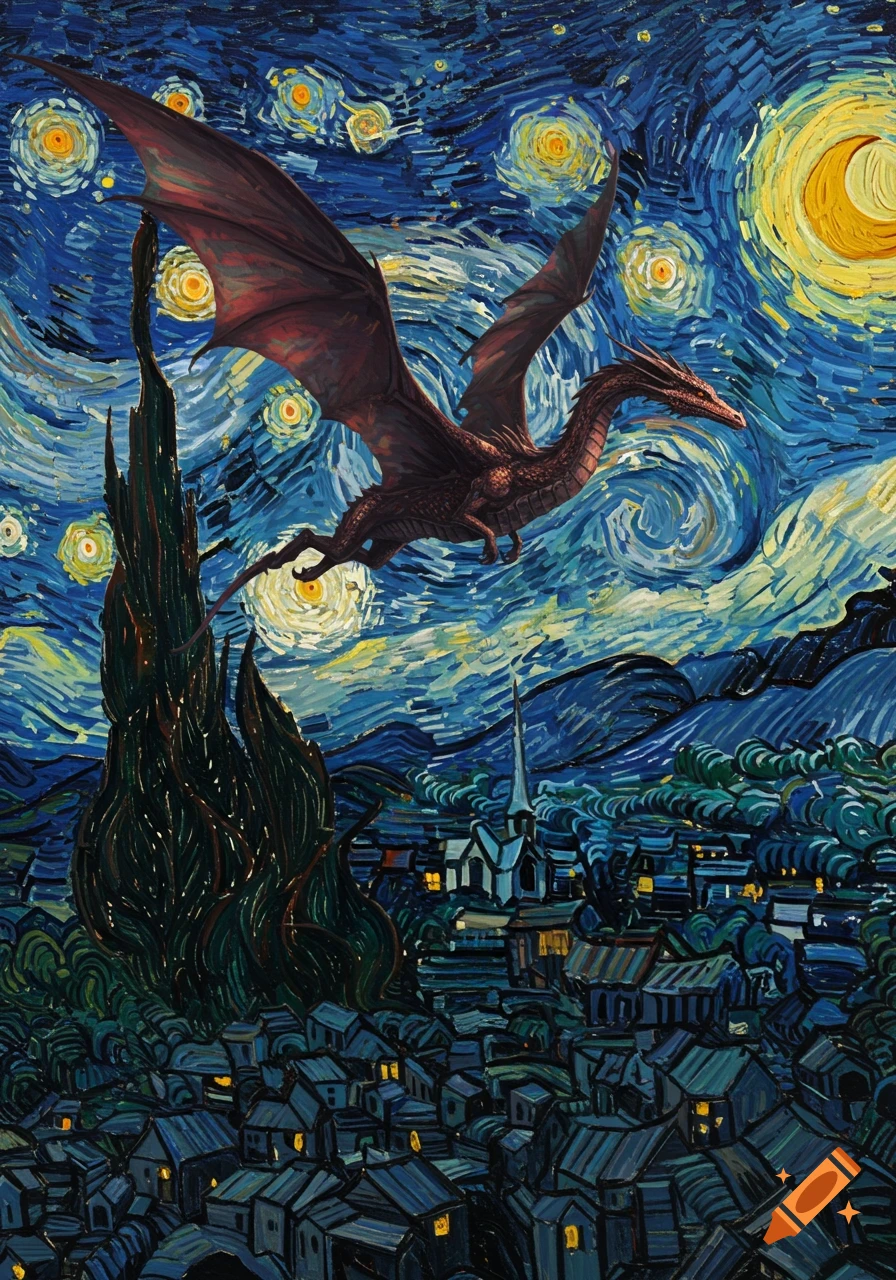 A red dragon flies over a village at night, in the iconic swirling style of Van Gogh's Starry Night painting.