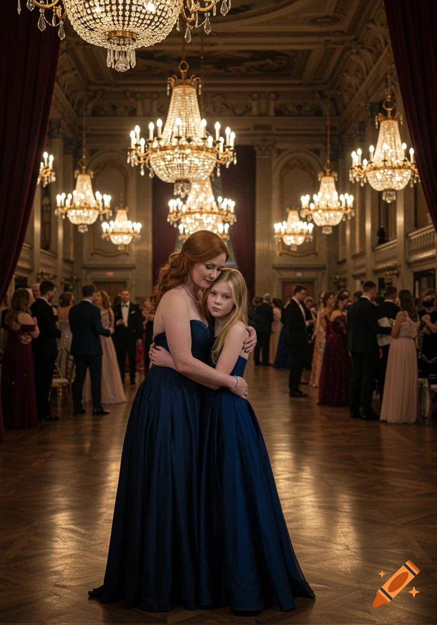 A red-haired woman embraces a blonde girl in blue gowns at a formal party in a large, chandelier-lit ballroom.