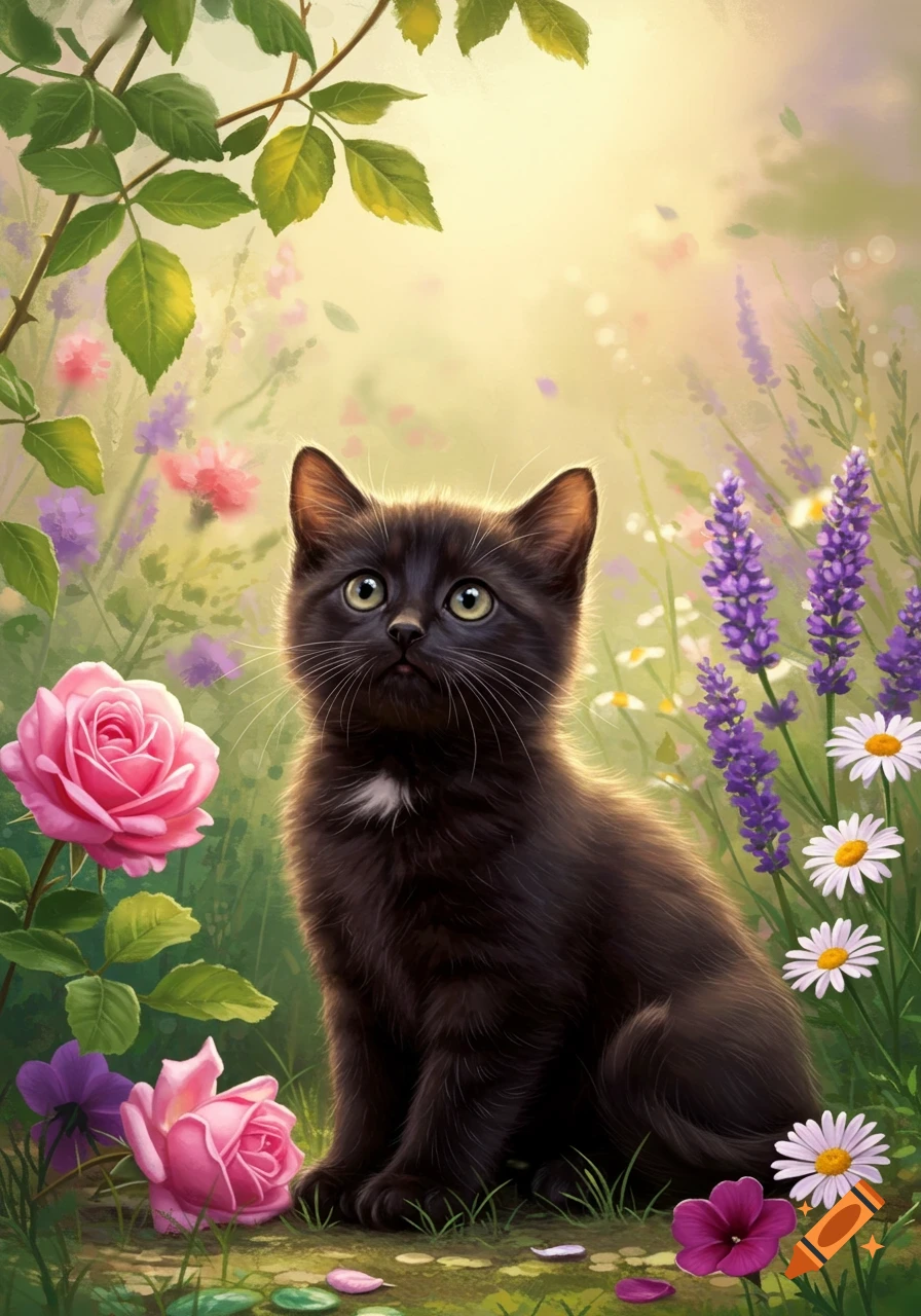 A cute black kitten with green eyes sits among vibrant pink roses, purple lavender, and white daisies in a sunlit garden.