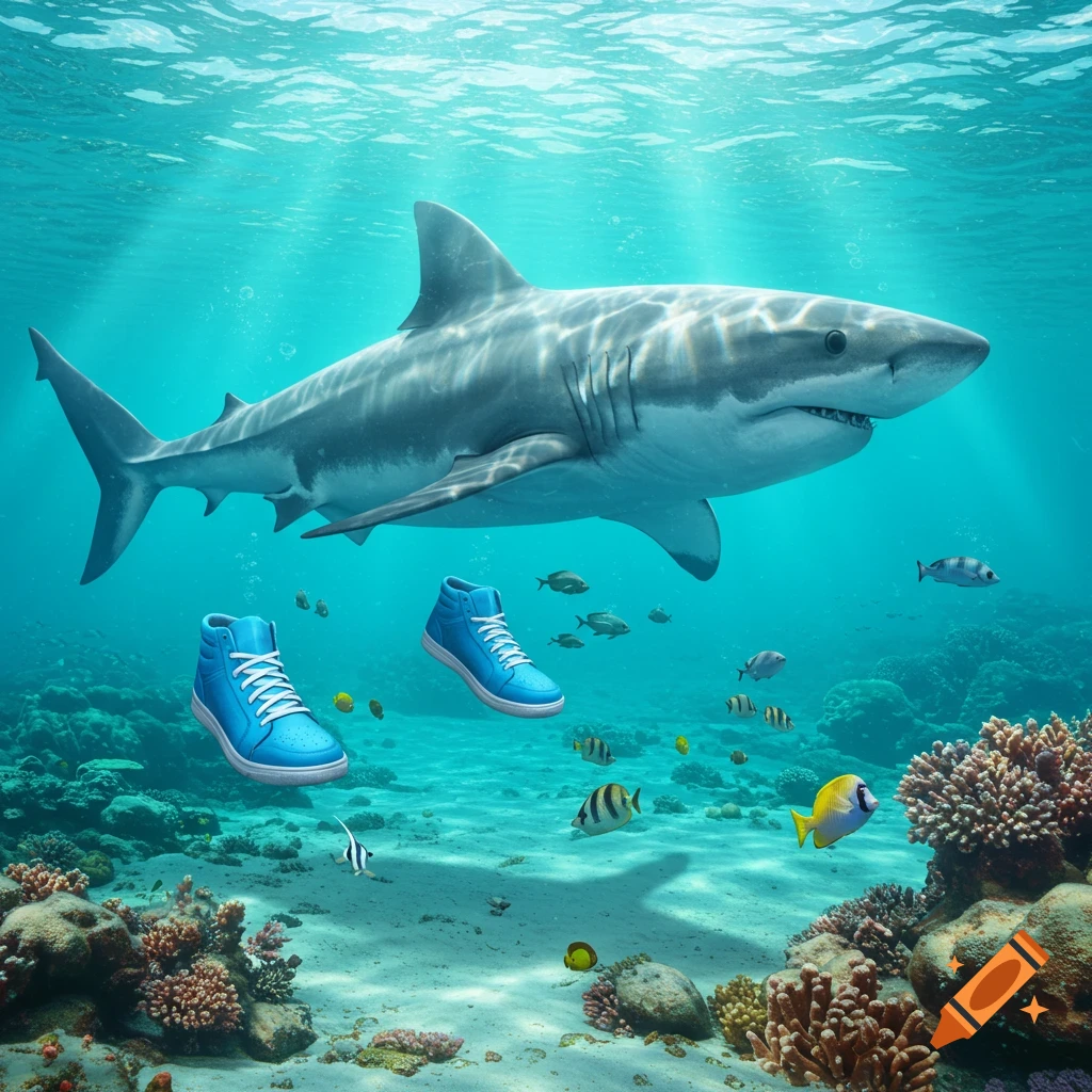 A large photorealistic shark swims next to a pair of blue sneakers in a vibrant underwater coral reef scene with fish and sunlight.