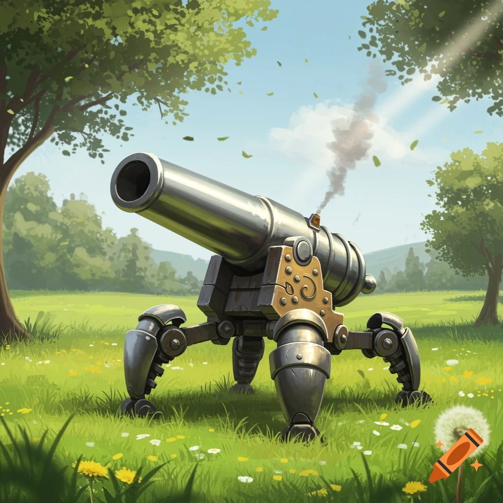 A steampunk-style cannon with mechanical legs stands in a sunny green field with trees and dandelions. Smoke rises from its barrel.