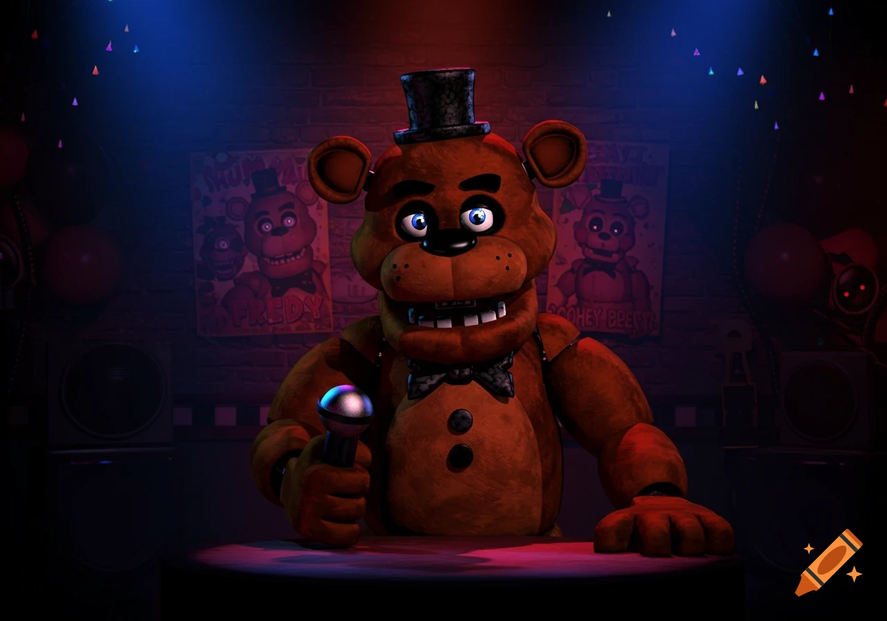 Freddy Fazbear, a brown animatronic bear, stands on a stage holding a microphone under red and blue spotlights, with character posters in the background.
