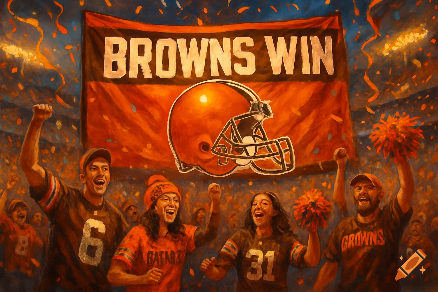 Jubilant football fans celebrate a win under a large banner that reads 'BROWNS WIN' as confetti falls.