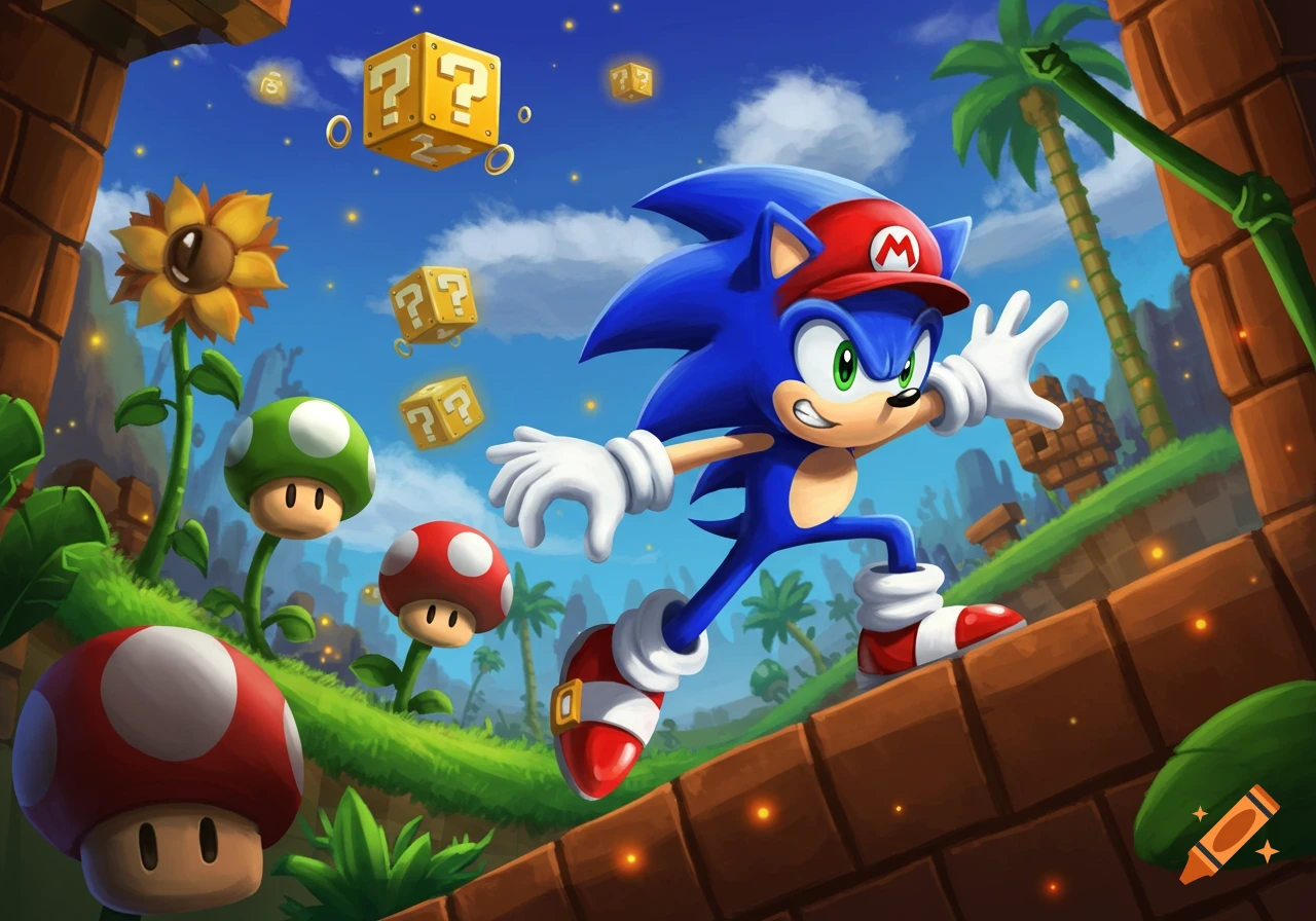 Sonic the Hedgehog wears Mario's hat while running through a vibrant Super Mario Bros. themed world with question blocks and mushrooms.