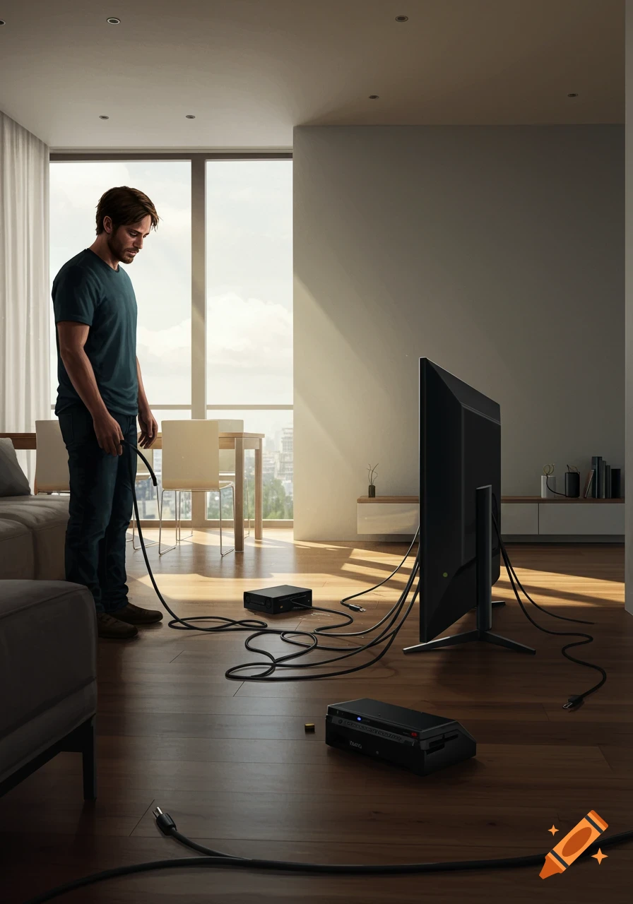 A man stands in a modern living room, looking down at tangled cables and a TV on the floor, seemingly frustrated.