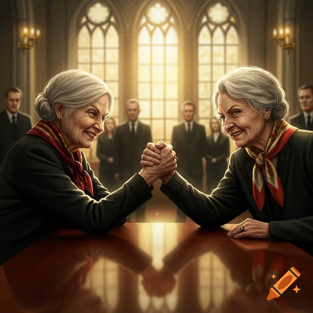 Two elderly women arm wrestle on a polished wooden table in a grand hall with large arched windows, observed by formally dressed figures in the background.
