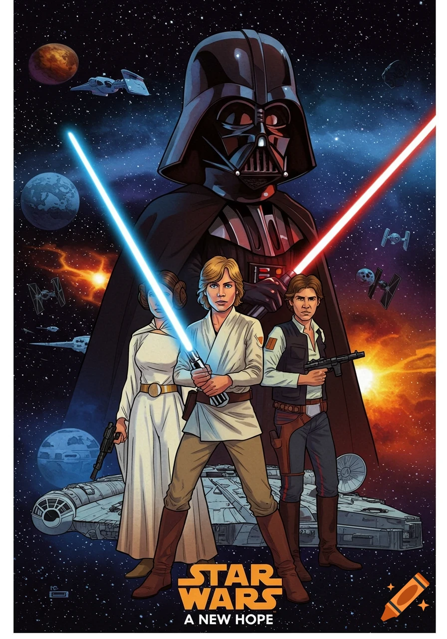Illustrated Star Wars poster with Darth Vader, Luke, Leia, and Han Solo in space with ships and planets.