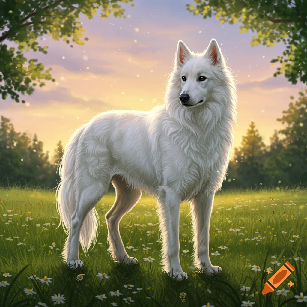 A fluffy white dog stands in a grassy field with wildflowers at sunset, surrounded by trees, in a painterly style.