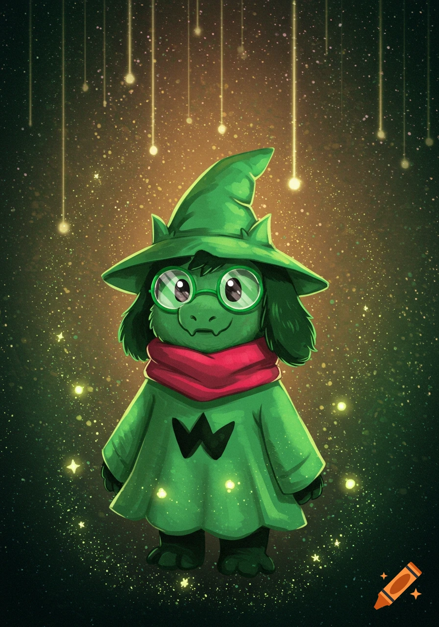 A cute green goat-like character wearing a wizard hat, robe, scarf, and glasses, standing among sparkling lights.