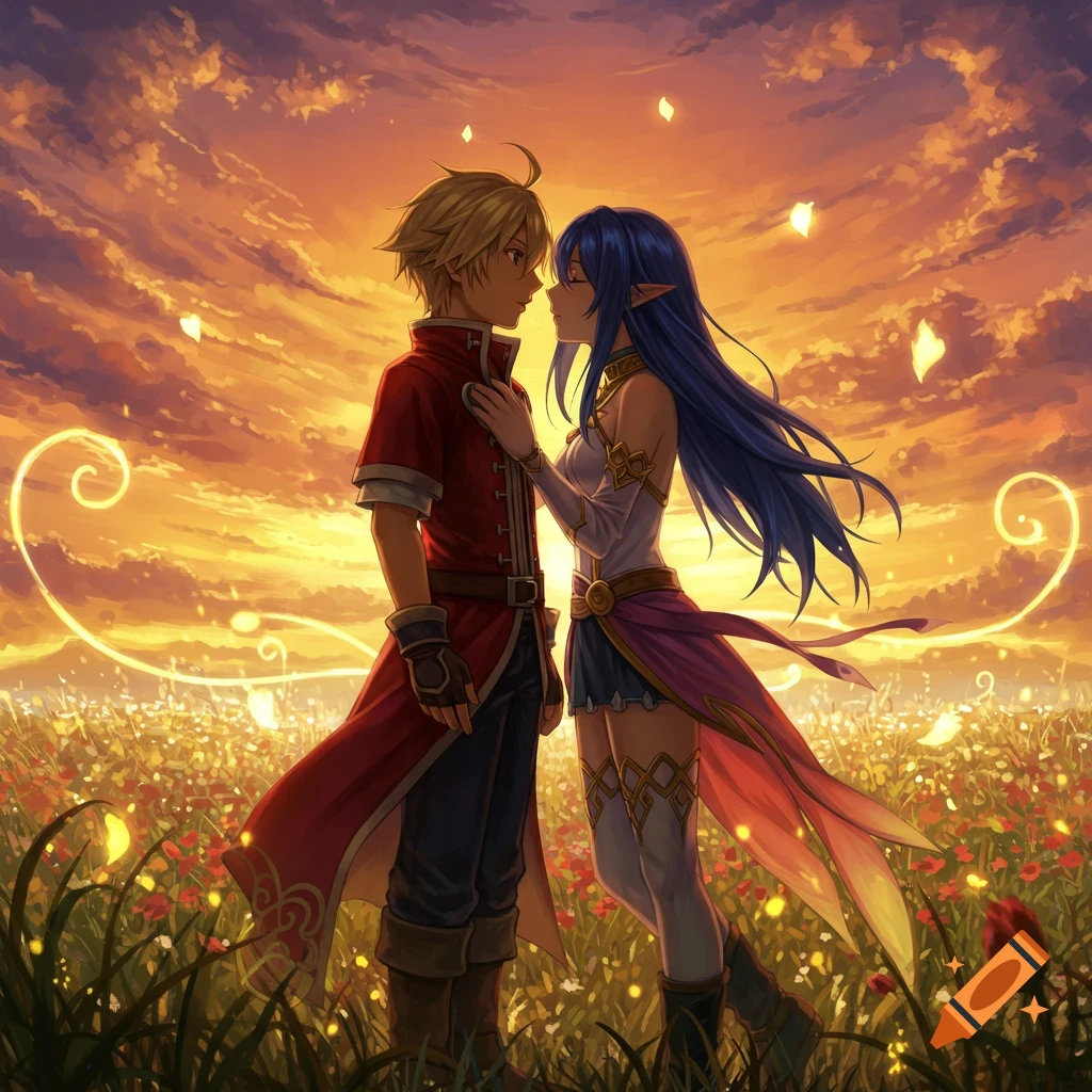 Anime couple, a blond male and blue-haired elf female, gaze at each other in a flower field under a vibrant sunset with glowing swirls.