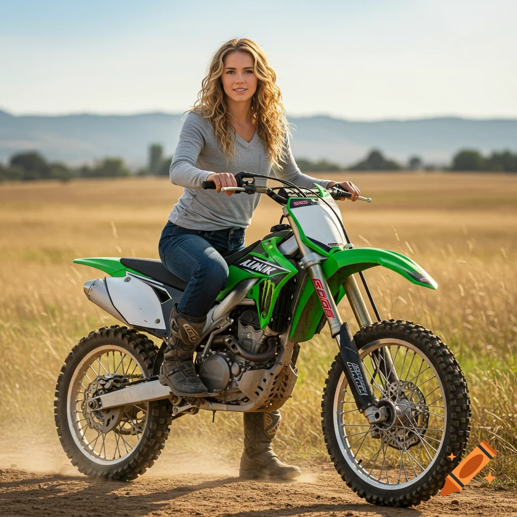 A young woman with blonde curly hair, wearing a gray shirt and blue jeans, sits on a green dirt bike in a dry grassy field.