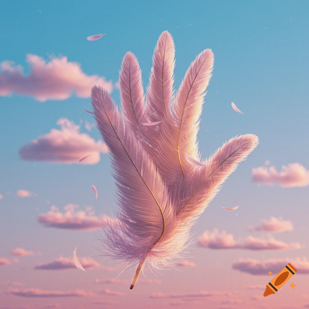 A large, pink feathery hand floats in a pastel blue and pink sky filled with fluffy clouds and falling feathers.