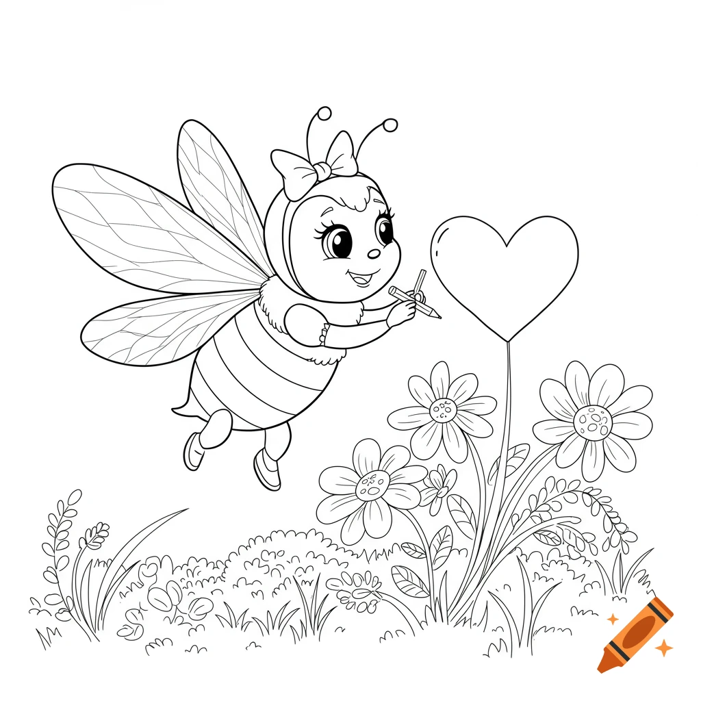 A cute cartoon bee with a bow in her hair is drawing a large heart next to some flowers, in a black and white outline style.