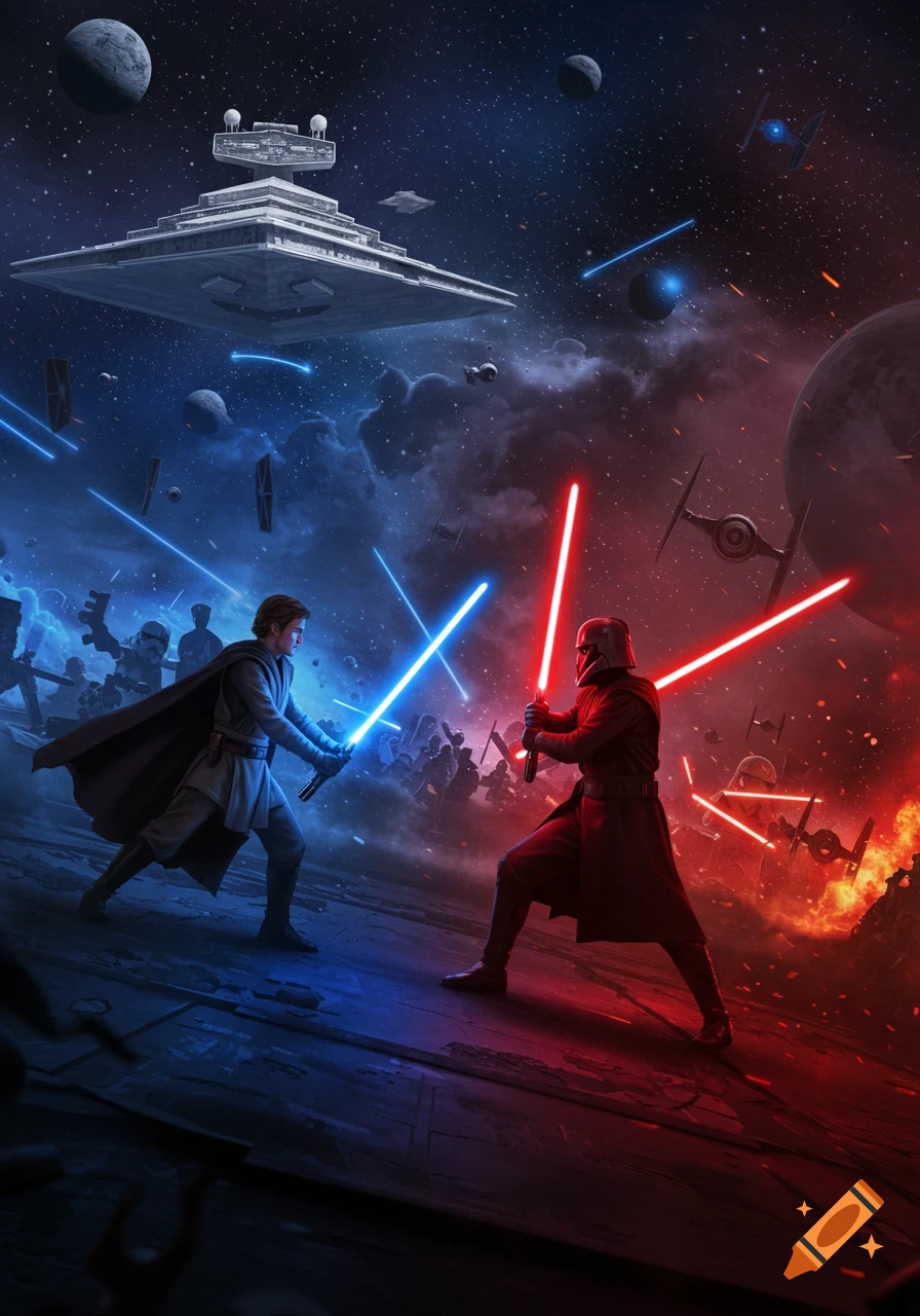 Two Jedi battle with lightsabers in a dramatic Star Wars space scene with battleships and planets.