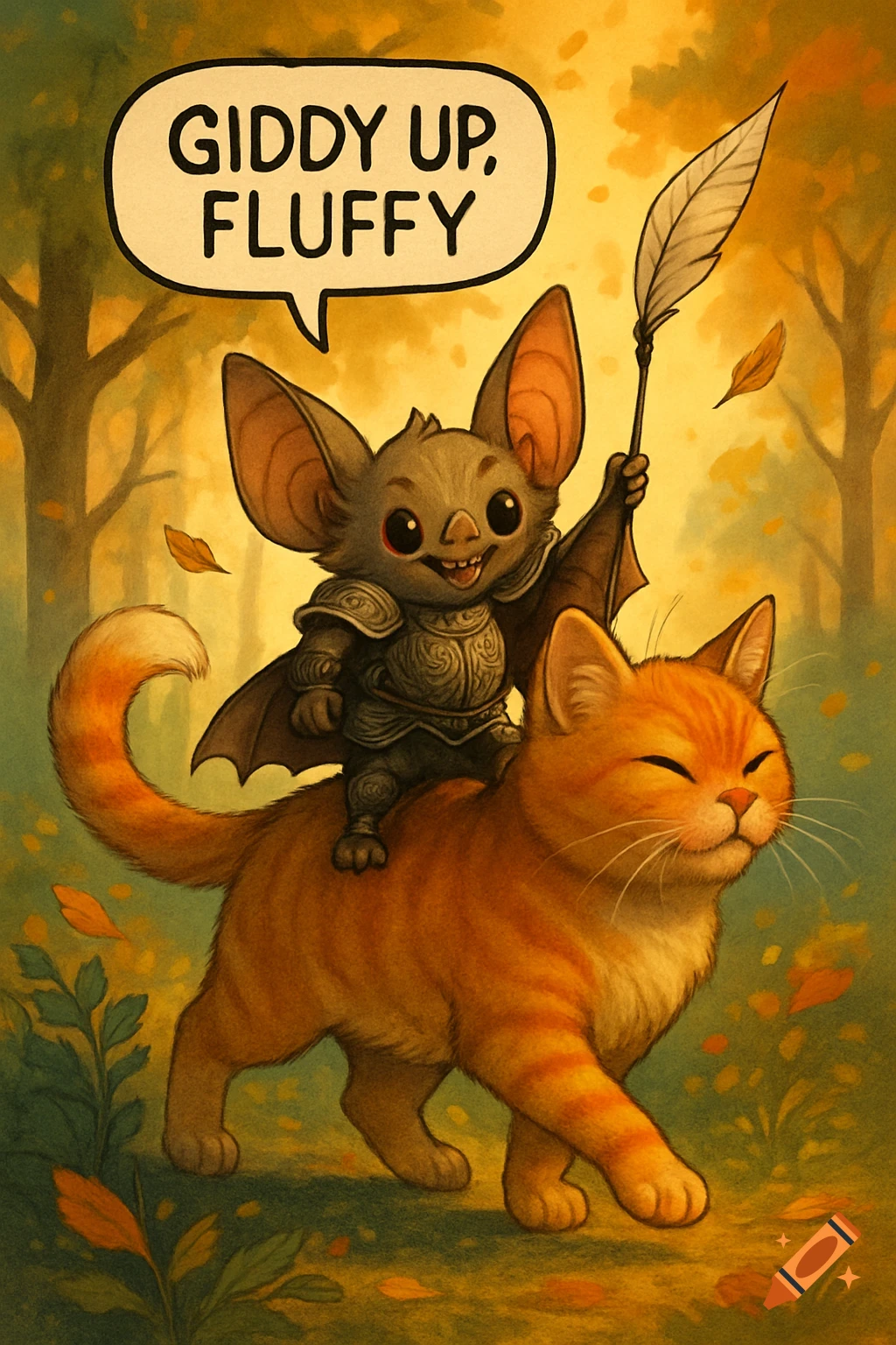 A cute armored bat holding a feather spear rides on the back of an orange tabby cat through an autumn forest.