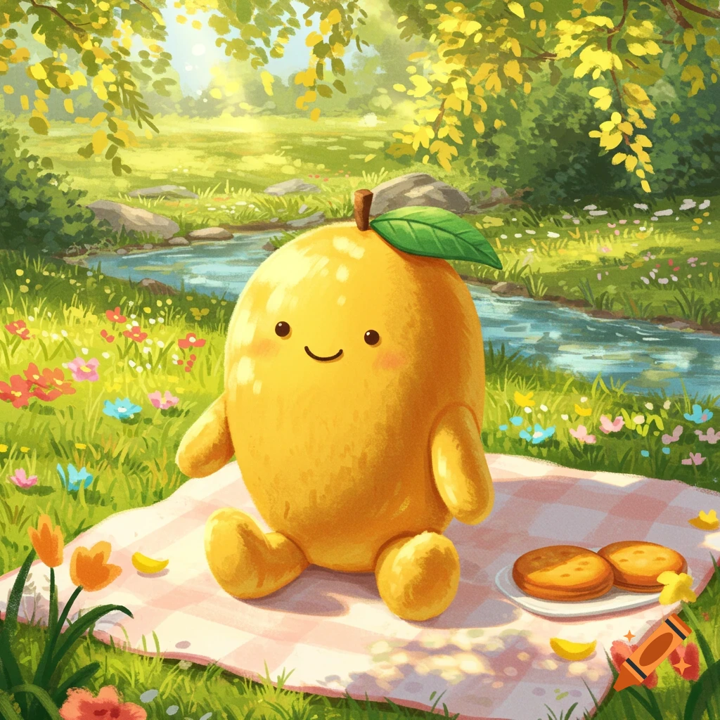 A cute, smiling mango character sits on a picnic blanket in a vibrant, illustrated grassy field with a stream and flowers.