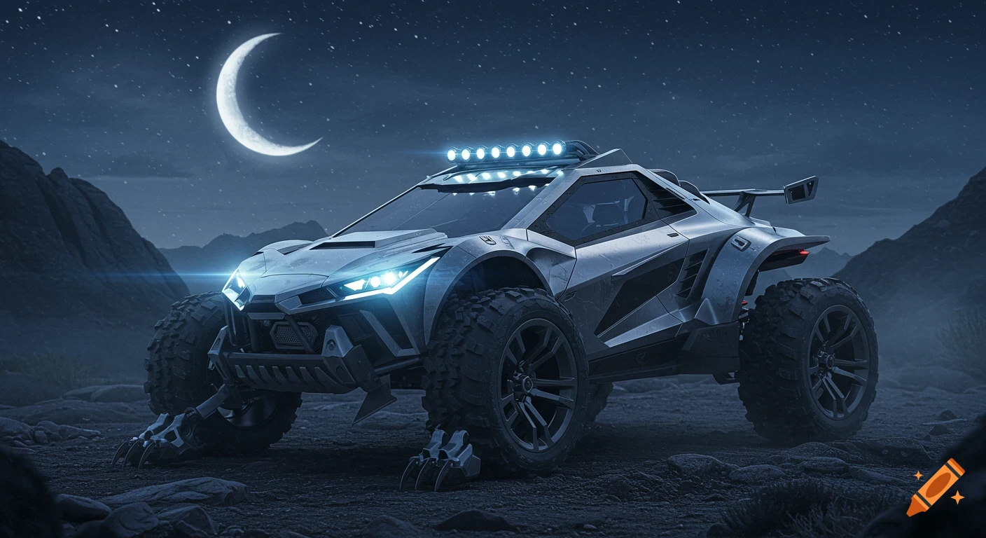 A futuristic, armored offroad vehicle with glowing blue headlights and roof lights, under a crescent moonlit night sky in a rocky, mountainous landscape.