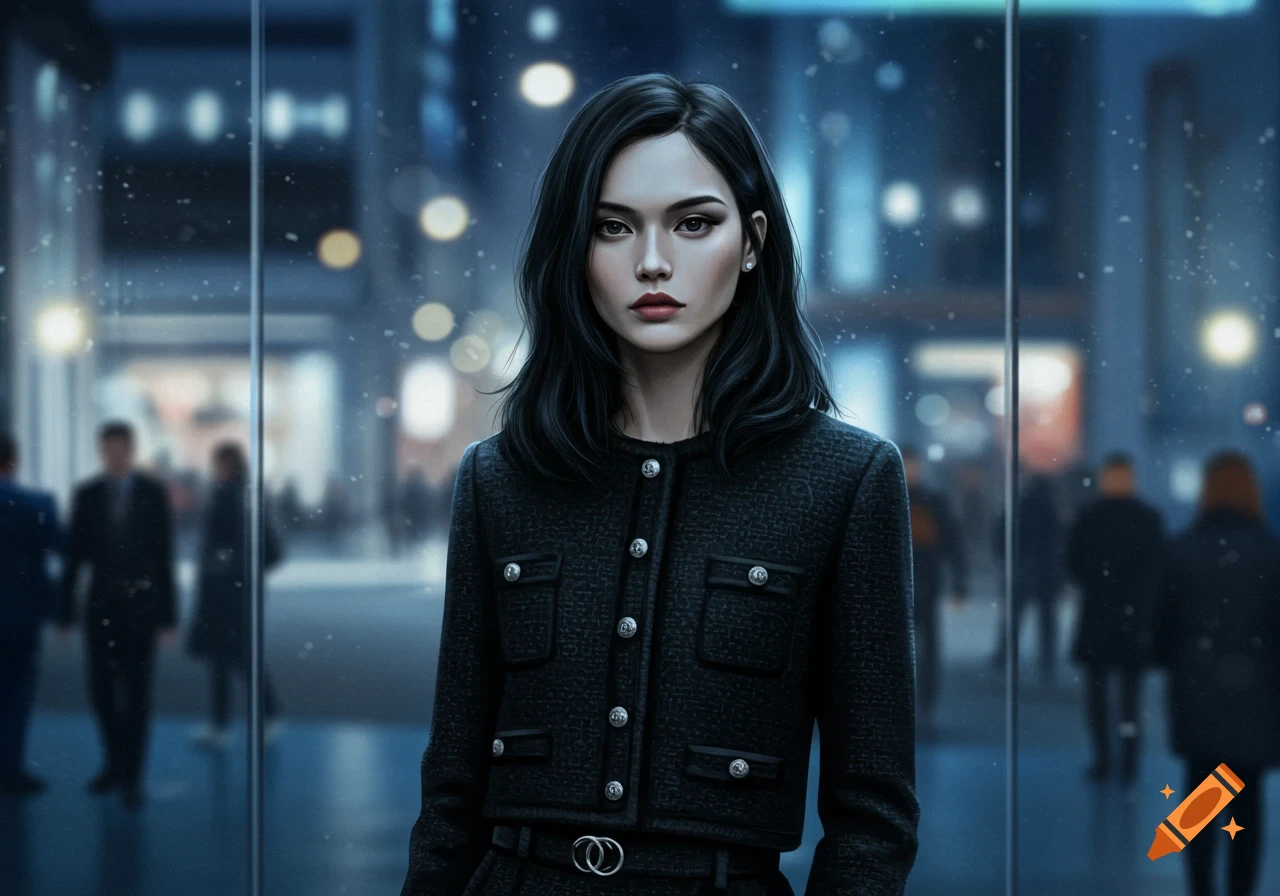A woman with dark hair in a black tweed suit jacket and skirt stands in front of a blurred city background at night.